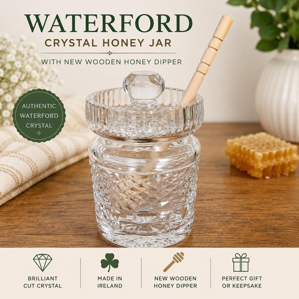 VTG Waterford Crystal Honey Jar w/ Lid & New Wooden Honey Dipper Diamond Crystal